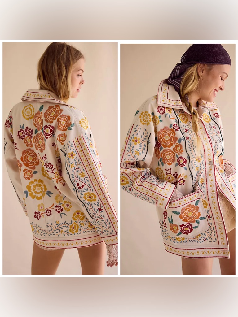 Free People Avery Embellished Jacket Denim Beaded Floral Embroidered Xs Artsy